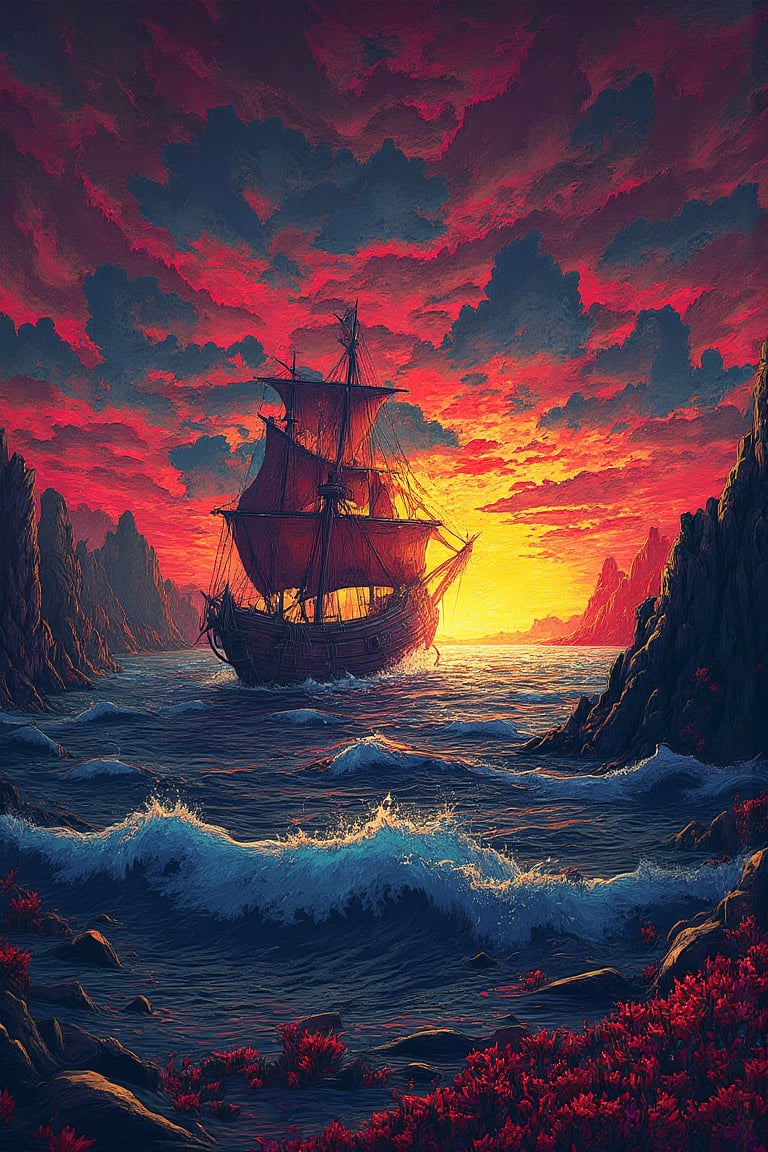 landscape, Illustration, vivid, colorful, A galleon navigating the calm ocean, sunset, dark, mysterious, detailed background, Katsuhiro Otomo style, superb detail, It must not be commonplace, Must have a very complex structure, Must have a very high degree of randomness, Must be an image that no one has ever seen before, It has to be very original, Must have tremendous detail, It has to be of the highest artistic quality, It has to be the ultimate, Failure is not an option, ((masterpiece, best quality, 8k, ultra-detailed, very clear))