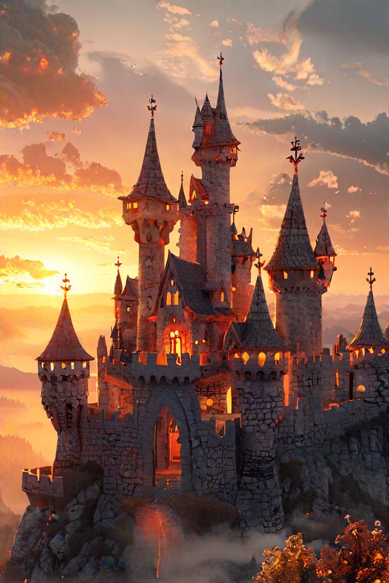 A majestic 3D castle rises from a misty valley, its stone walls glowing with a warm, golden light as the sun sets behind. The camera captures a sweeping aerial view of the sprawling structure, with towers and turrets reaching for the sky like giant's fists. The air is thick with mystery and ancient secrets.