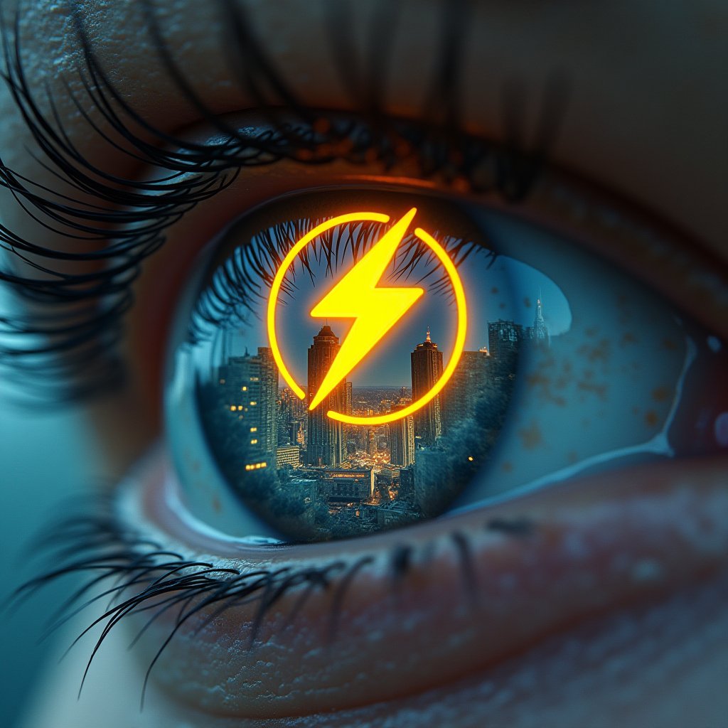 Create an image where the viewer is looking into a human eye. (man) In the eye's reflection, depict a futuristic and war-torn world, a neon glowing faded yellow zeus thunderbolt sign, The landscape should be overrun with advanced AI technology, tall buildings covered in digital advertisements and holograms, glowing cybernetic iris