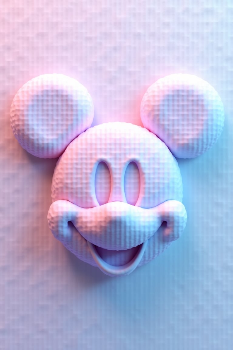 A 3D render of a Disney-style Mickey Mouse face with a pastel pink and blue gradient. Mickey's face is made of a hexagon honeycomb pattern. The background is filled with the same hexagon honeycomb pattern in various shades of pink and blue. The image has a cool, ethereal vibe.