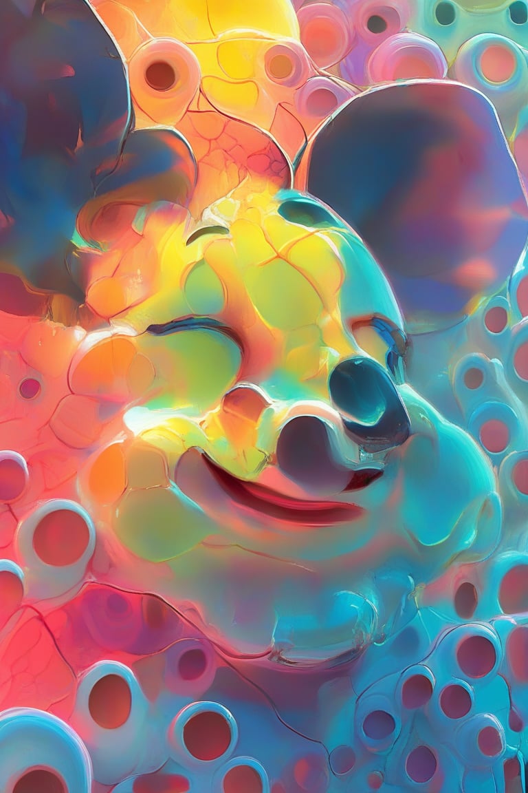 Dream art A 3D render of a Disney-style Mickey Mouse face with a pastel pink and blue gradient. Mickey's face is made of a hexagon honeycomb pattern. The background is filled with the same hexagon honeycomb pattern in various shades of pink and blue. The image has a cool, ethereal vibe. 