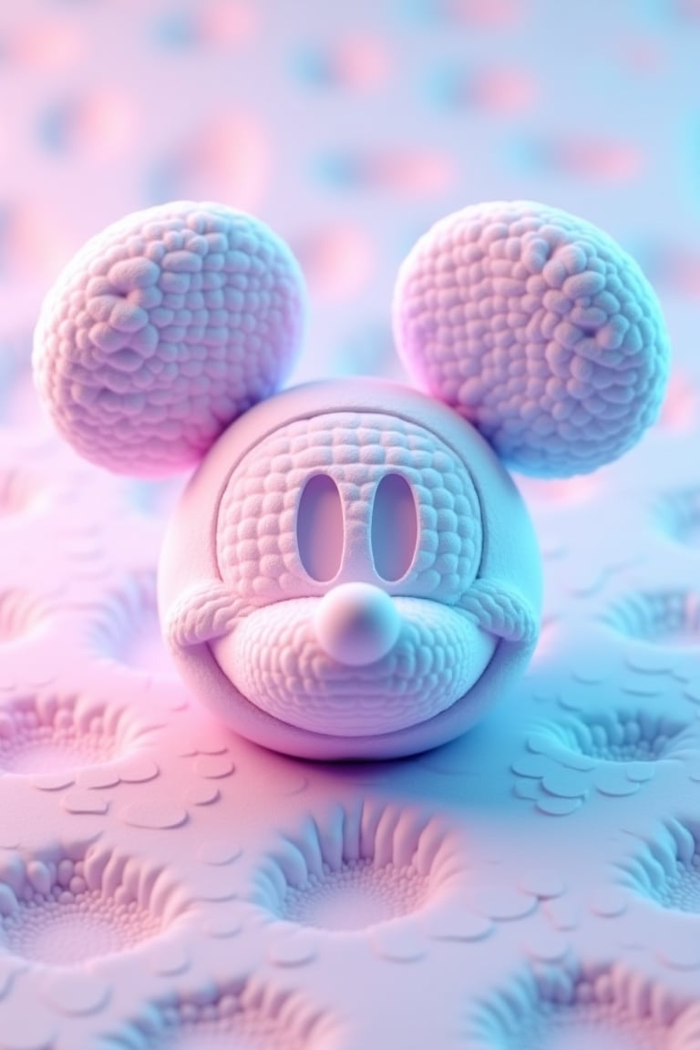 A 3D render of a Disney-style Mickey Mouse face with a pastel pink and blue gradient. Mickey's face is made of a hexagon honeycomb pattern. The background is filled with the same hexagon honeycomb pattern in various shades of pink and blue. The image has a cool, ethereal vibe.