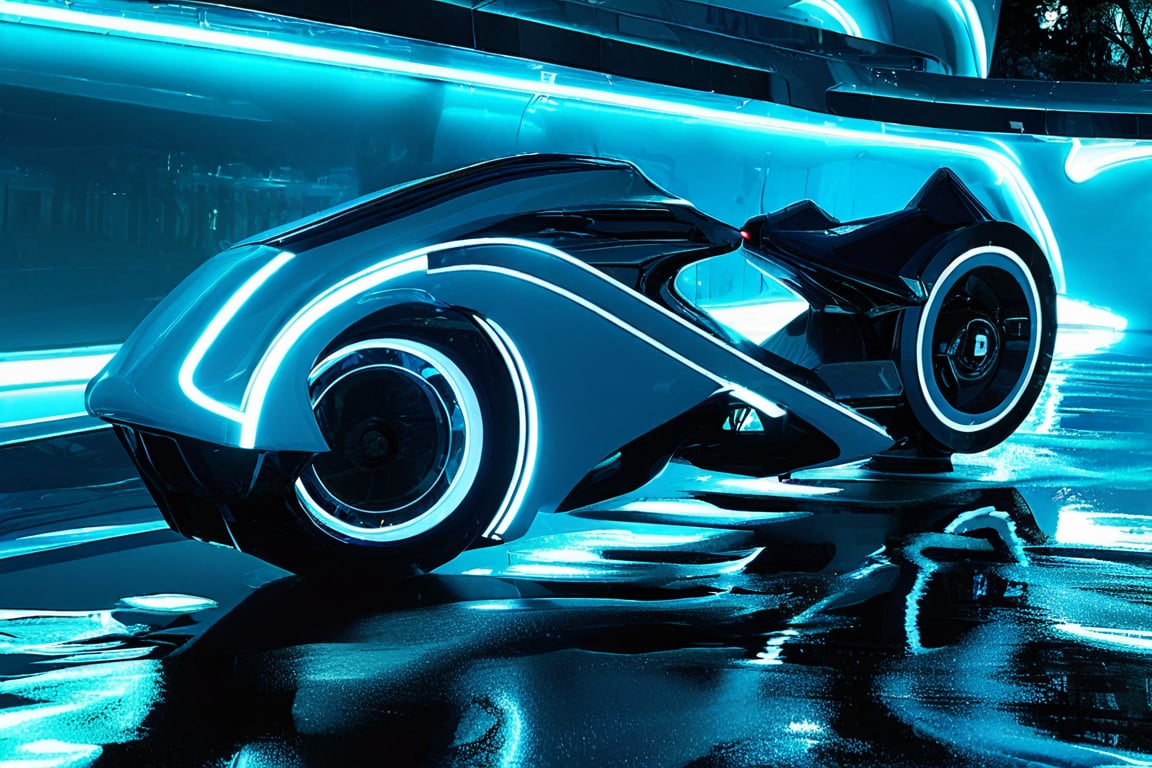 photorealistic image, masterpiece, high quality 8K, of a futuristic ((sci-fi large super motocycle), (((submerged in the sea))), Tron legacy, white and blue neon lights, good lighting, at night, sharp focus