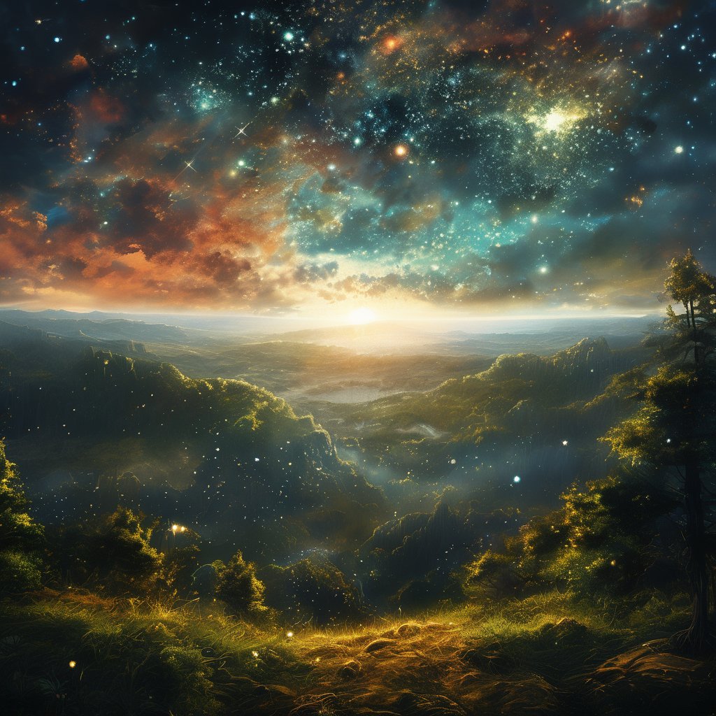 Dawn, intricate, recognizing the land, into the forest, only light of the stars, wonderful sky, view from the low, deep background, cinematic light. dynamic light,noc-space