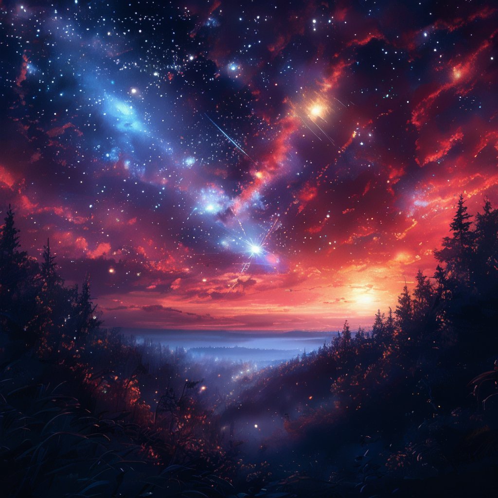 Dawn, intricate, recognizing the land, into the forest, only light of the stars, wonderful sky, view from the low, deep background, cinematic light. dynamic light,noc-space