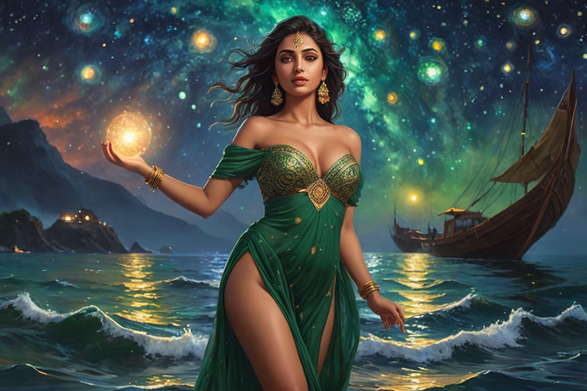 Beautiful Indian goddess, wearing sexy Indian dress, deep cleavage, off shoulder, large green eyes, big breast, natural round boobs, sexy legs, sexy pose , majestically glides into a bioluminescent sea illuminated by a swirling galaxy above. Fireflies dance across the waves, as if welcoming the vessel home. Framed by the starry night sky, this XL 4K ultra-high definition action shot captures the drama of the moment.,noc-futuristic