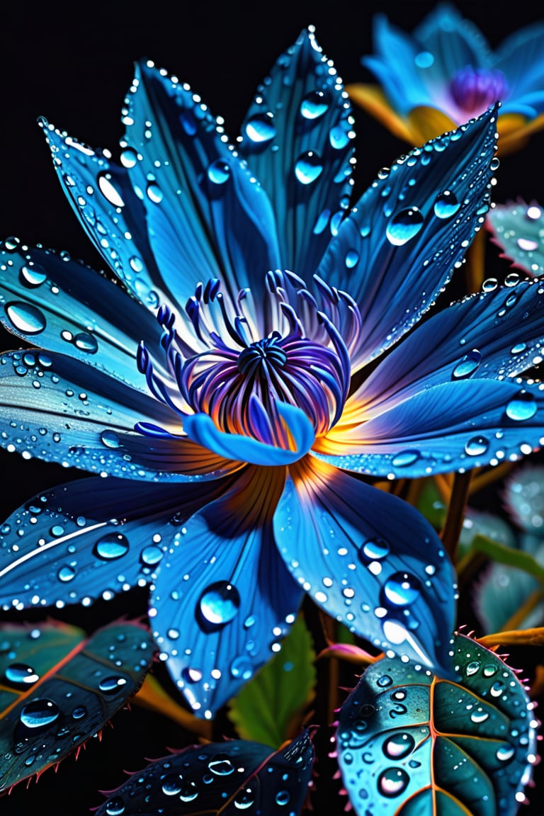 masterpiece, 8k, HDR, best quality, (highly detailed skin), photography, analog style, real life, extremely beautiful, (highly detailed, intricately detailed), (alluring eyes), depiction of a blue bioluminescent flower with bright, sharp, staring eyes, rose's petals attached to water droplets, mimics the texture seen in sculptural artwork, delicate combination of oil and marker lines on cracked epoxy glass, ultra-fine illumination, highly stylized and dramatic, (3D) image,Glowing Flower