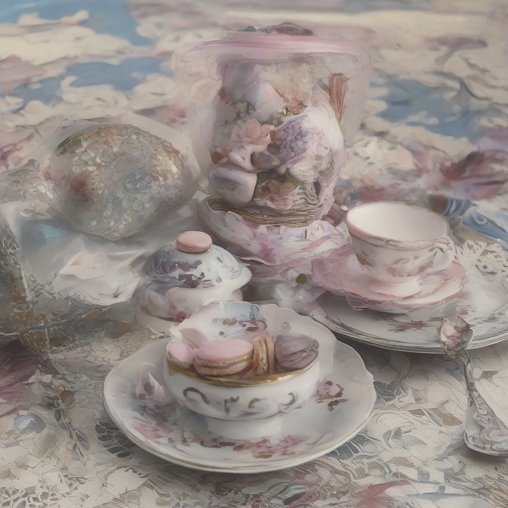 n a cozy, pastel-colored room, a sunbeam filters through a stained-glass window, casting kaleidoscopic shadows on an antique wooden desk. A vintage porcelain teapot, adorned with cherry blossoms, rests on a lace doily, gently steaming. A delicate glass sugar bowl, its exterior etched with intricate swirls, sits next to an ornate silver spoon. An array of brightly colored macarons, nestled in a ruffled paper cupcake liner, fan out like a painter's palette. The room hums with the soft, whimsical ticking of a vintage clock, its hands painted with cute cartoon characters. The playful interplay of light and shadow, coupled with the enchanting details of each object, creates a delightful scene straight out of a children's storybook.