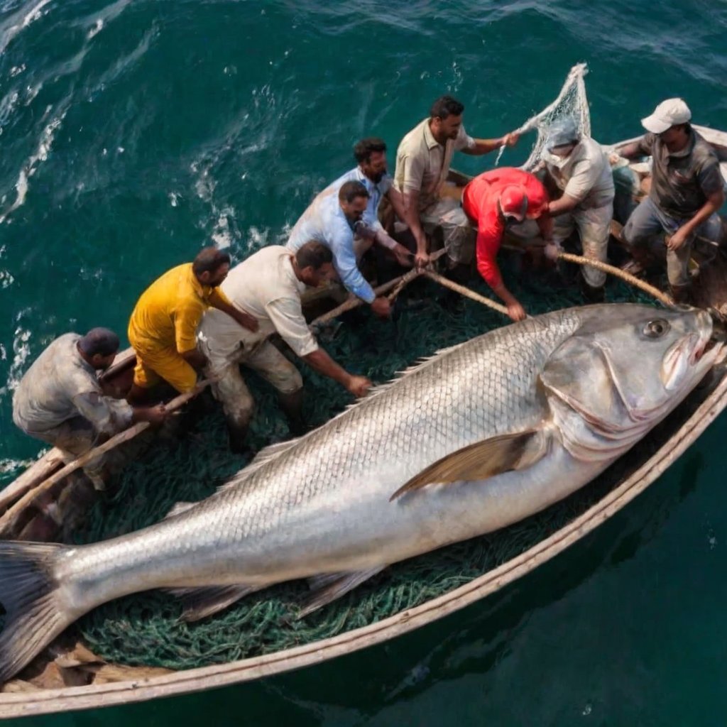 Fishermen caught a huge fish and are trying to pull it into a boat with a net