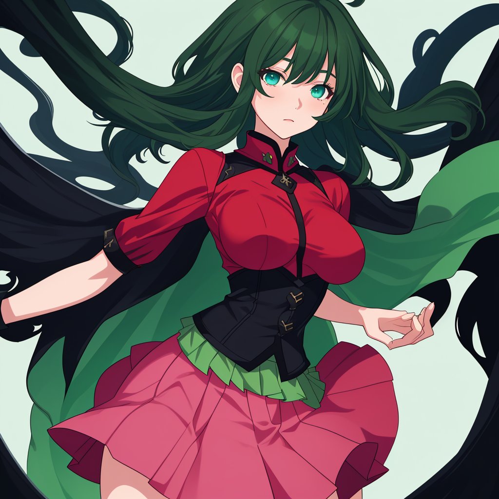 woman, medium_breasts, red_clothes, green_clothes, black-hair, green_hair, blue_eyes, pink_skirt, large_skirt, fantasy_background,