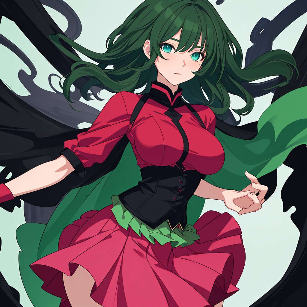 woman, medium_breasts, red_clothes, green_clothes, black-hair, green_hair, blue_eyes, pink_skirt, large_skirt, fantasy_background