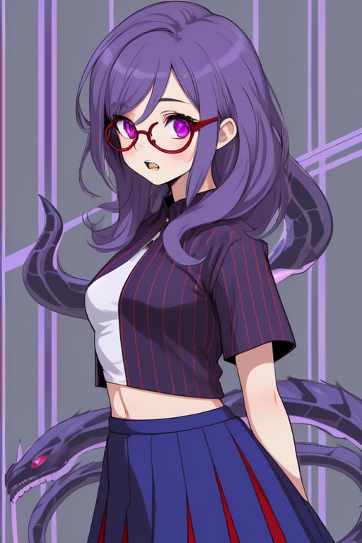 girl, hydra_clothes, light_purple_eyes, hair with purple red and blue highlights, medium small breasts, half-wide skirt with blue and red lines, a pointy tooth, cute, round glasses with purple stripes