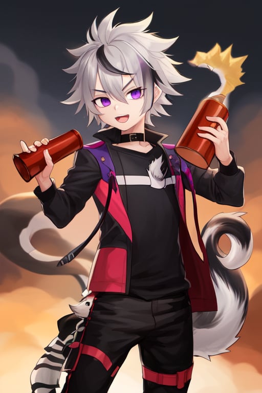 skunk boy, gray hair with black and purple highlights,