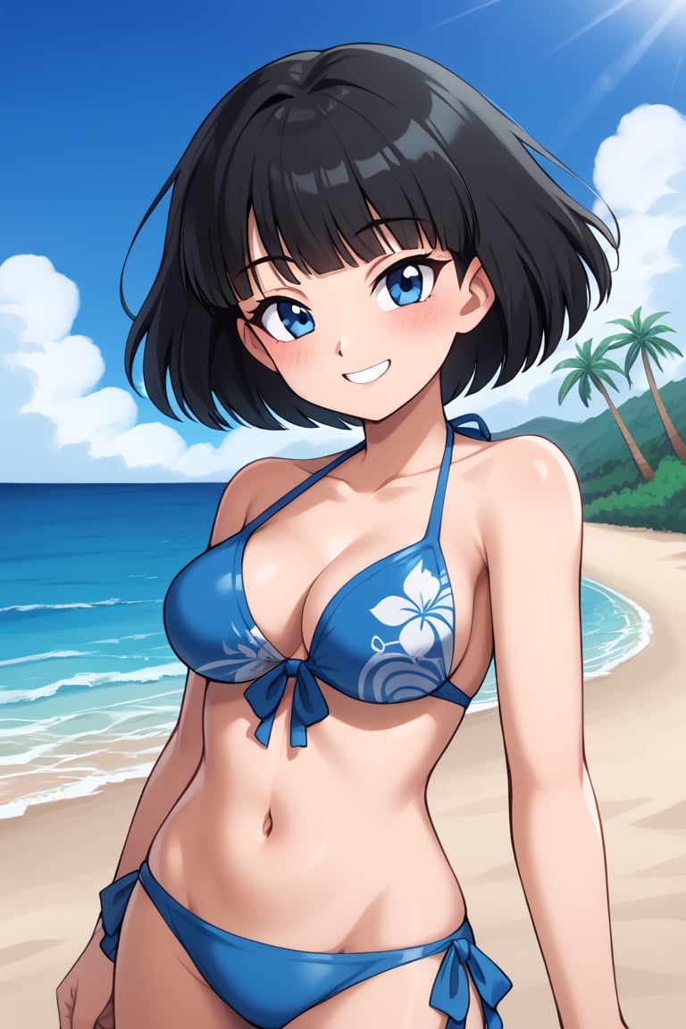 masterpiece, best quality, 1girl, videl, black hair, short hair, blue eyes, bikini, smile, blush, looking at viewer, solo, sea, sand, blue sky, tropical island background 