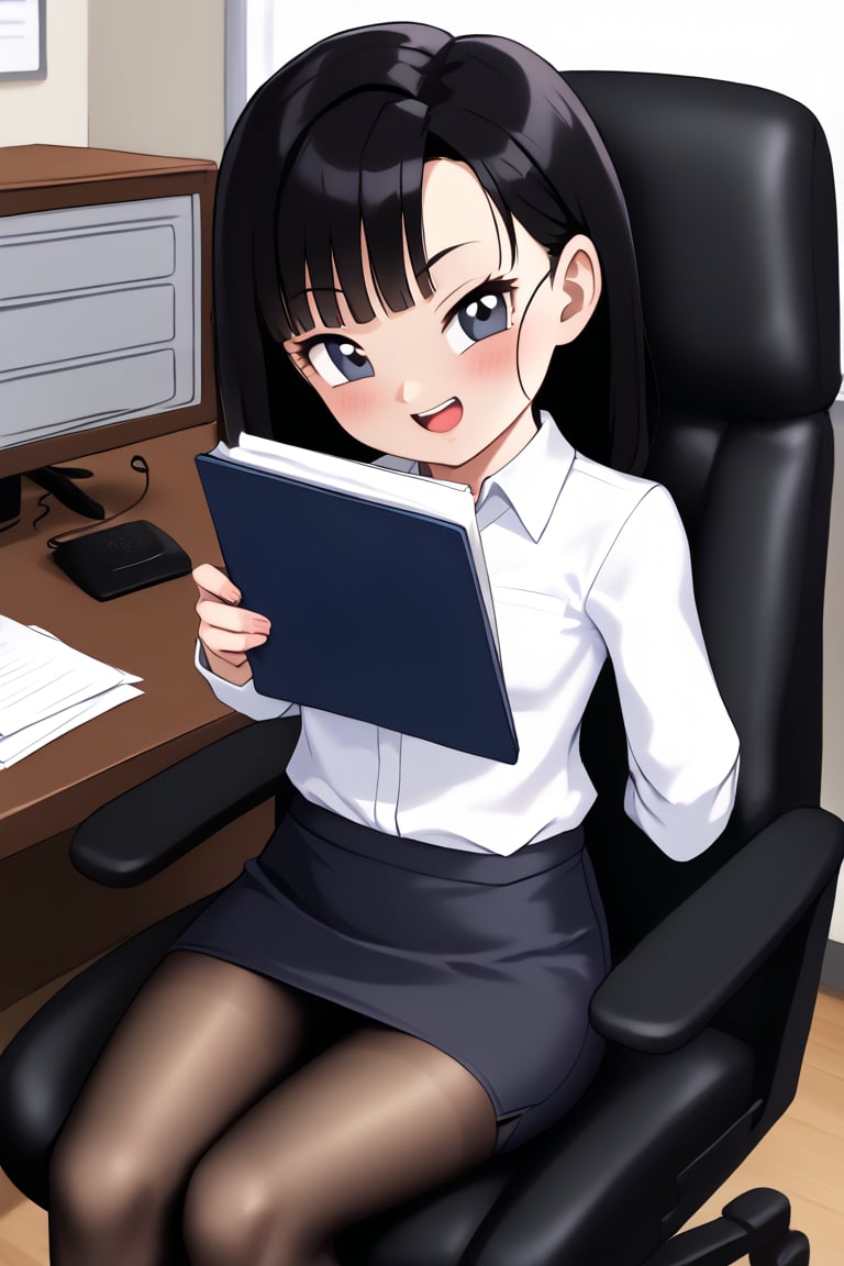 (masterpiece, best quality), a young black haired girl office secretary dressed in a transparent white blouse and black office skirt and black pantyhose ,sitting in an office chair,