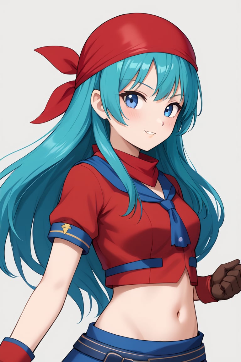 best quality, (masterpiece),(ultra-detailed), (high quality), (high resolution), , 1girl, aqua hair, blue eyes, brapan, gloves, long hair, red shirt, solo,bandana, upper body, short sleeves, navel, skirt,