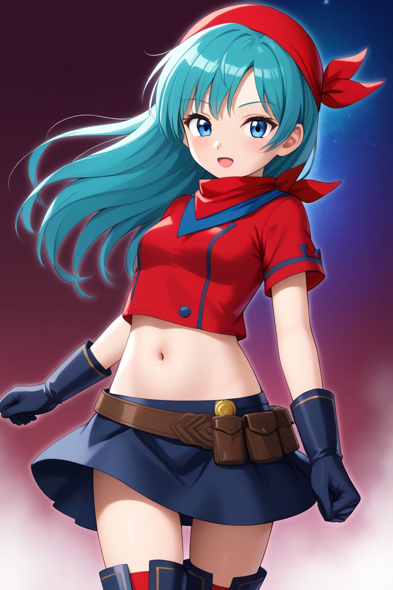 best quality, (masterpiece),(ultra-detailed), (high quality), (high resolution), , 1girl, aqua hair, blue eyes, brapan, gloves, long hair, red shirt, solo,bandana, upper body, short sleeves, navel, skirt, thigh boots,