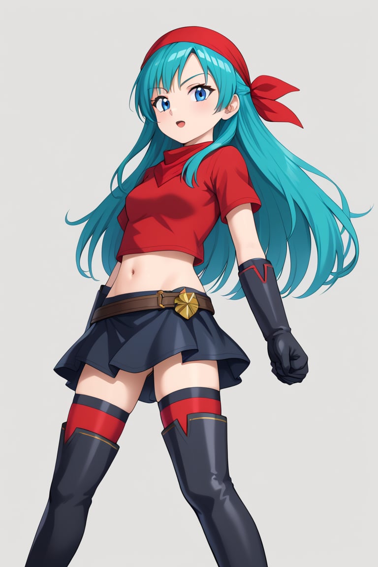 best quality, (masterpiece),(ultra-detailed), (high quality), (high resolution), , 1girl, aqua hair, blue eyes, brapan, gloves, long hair, red shirt, solo,bandana, upper body, short sleeves, navel, skirt, thigh boots,