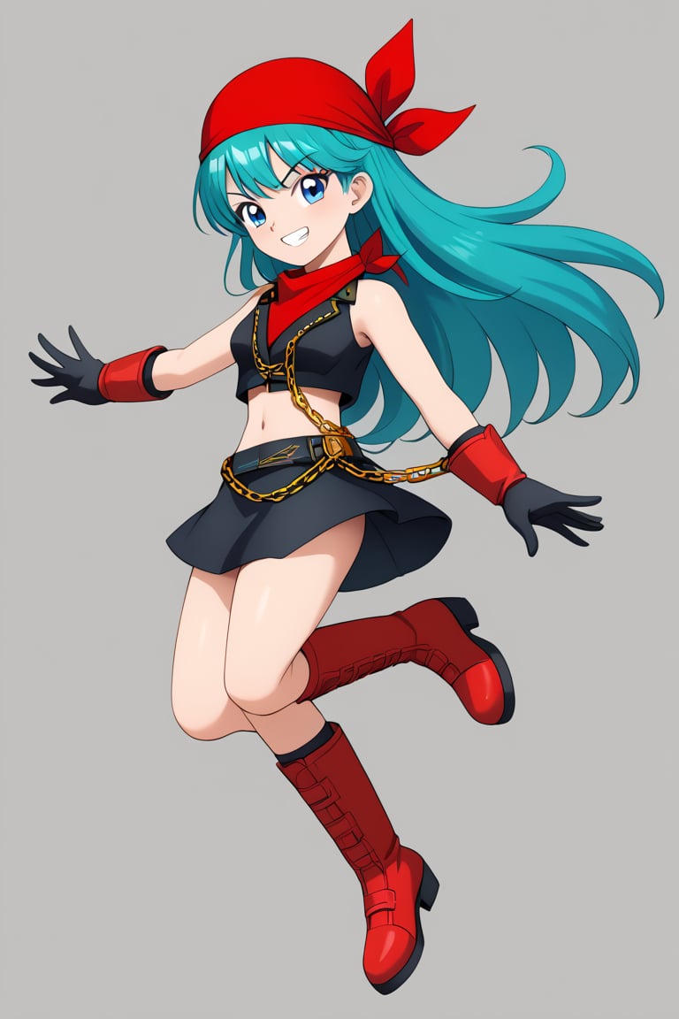  best quality, (masterpiece),(ultra-detailed), (high quality), (high resolution), , 1girl, aqua hair, black gloves, black skirt, blue eyes, boots, brapan, chain, crop top, gloves, grin, long hair, midriff , red footwear, shirt, skirt, solo,bandana,