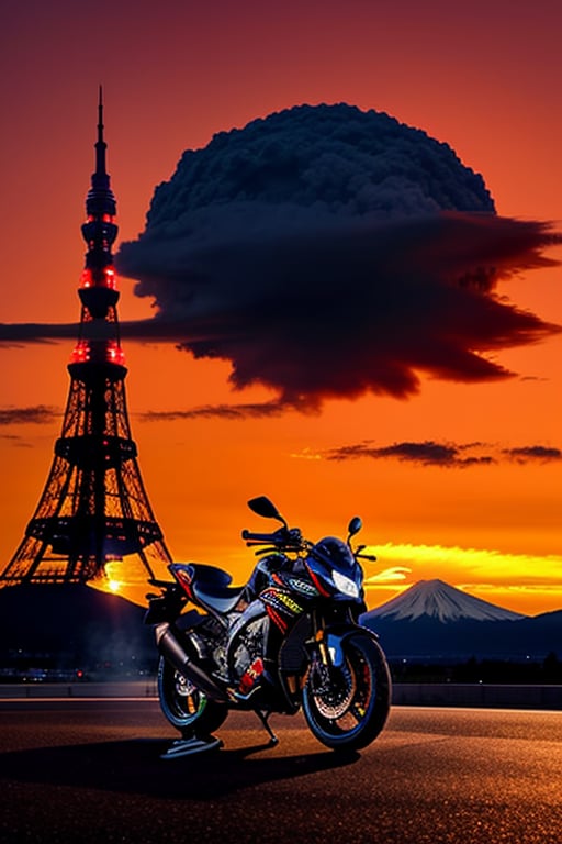 A Kawasaki Ninja H2R motorcycle doing a burnout in front of Tokyo Tower, with a vibrant sunset casting warm light over the scene. Mount Fuji is visible in the distant background, partially obscured by the smoke from the burnout. The motorcycle is centered in the frame, with Tokyo Tower to the left and Mount Fuji to the right, creating a balanced composition. The sky is painted with hues of orange and pink, contrasting with the dark silhouette of the motorcycle.