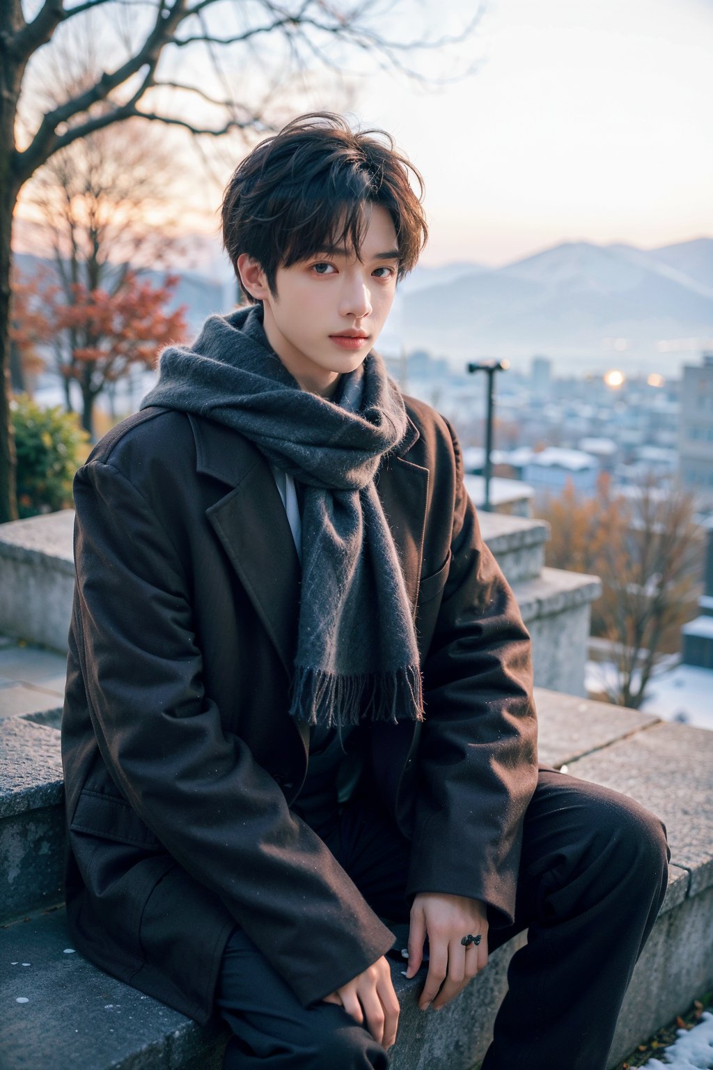 solo, looking at viewer, short hair, 1boy, sitting, jacket,  male focus, outdoors, pants, scarf, tree, coat, stairs, realistic, winter clothes, winter