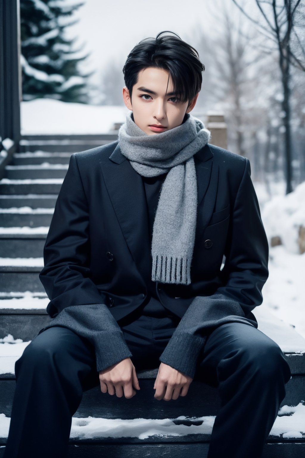 solo, looking at viewer, short hair, 1boy, sitting, jacket, monochrome, male focus, outdoors, pants, scarf, tree, coat, stairs, realistic, winter clothes, winter