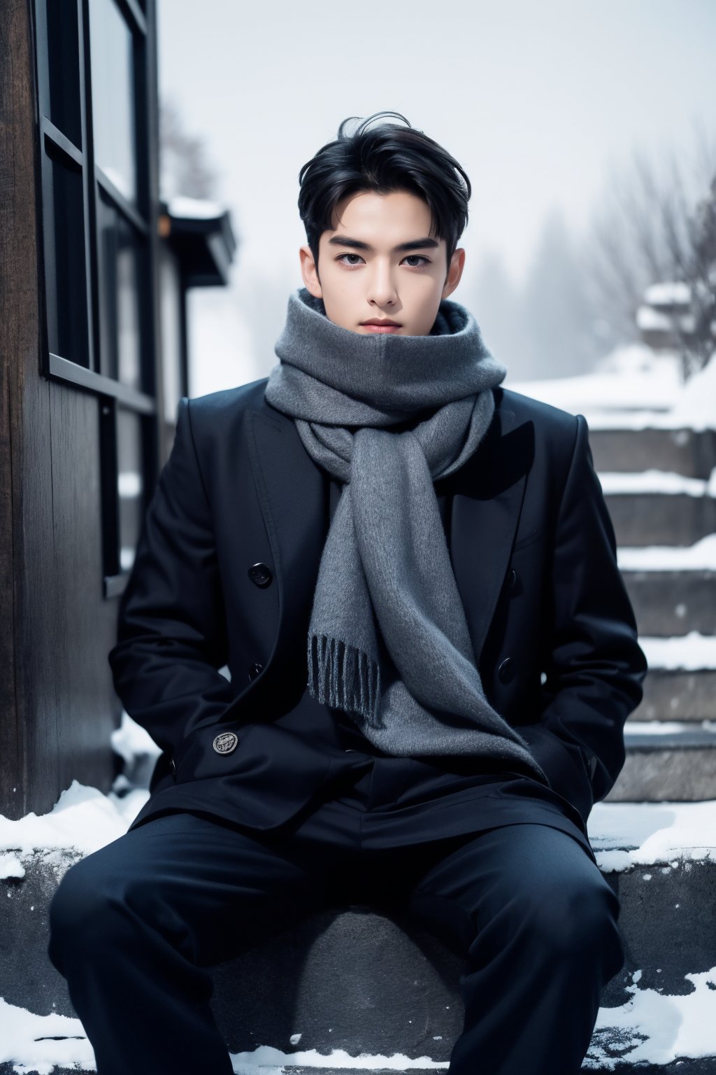 solo, looking at viewer, short hair, 1boy, sitting, jacket, monochrome, male focus, outdoors, pants, scarf, tree, coat, stairs, realistic, winter clothes, winter