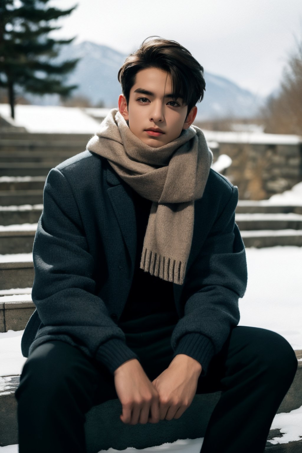 solo, looking at viewer, short hair, 1boy, sitting, jacket, male focus, outdoors, pants, scarf, tree, coat, stairs, realistic, winter clothes, winter