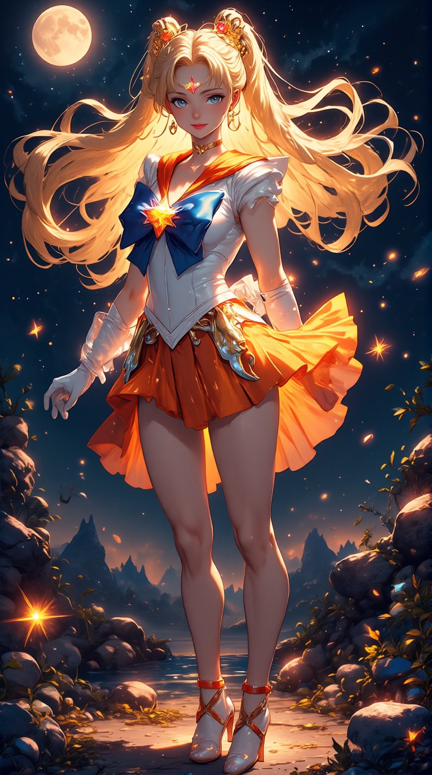 A digital niji anime style painting illustration of Sailormoon dressed as a futuristic sailor, standing confidently in a dynamic pose against a dark, starry night sky with a bright full moon illuminating the scene from the top left corner. The character has long, flowing blonde hair that appears luminous and dynamic, swirling dramatically around her body, creating a sense of motion. She wears a white bodysuit with a form-fitting design and a high neckline, accentuating her muscular build, and an orange pleated skirt with a V-shaped waistline. A large, shiny blue bow with a golden yellow star-shaped center adorns the chest, tied at the center. The outfit is complemented by white gloves that reach her upper arms, orange cuffs, and orange high-heeled shoes with glossy orange straps around the ankles. A golden crown with intricate designs and a central orange gemstone sits atop her head, adorned with small stars and leaves. She wears matching golden star-shaped earrings and a choker necklace with a small golden star pendant. The character's expression is confident and determined, with a slight smile, as she looks directly at the viewer. Soft, glowing light emanates from behind the character, creating a halo effect that highlights her figure and the flowing hair. The background features a dark, rocky terrain with scattered boulders, distant mountains, and small plants growing among them, all shrouded in shadows. Glowing orange particles resembling sparks or embers float around the character, adding to the mystical atmosphere. A few scattered rocks are visible in the foreground. The text "© MARCOOL.D" is visible in white, sans-serif font at the bottom center. The overall mood is empowering and otherworldly, with high contrast and warm hues dominating the color palette, enhancing the ethereal quality of the scene.