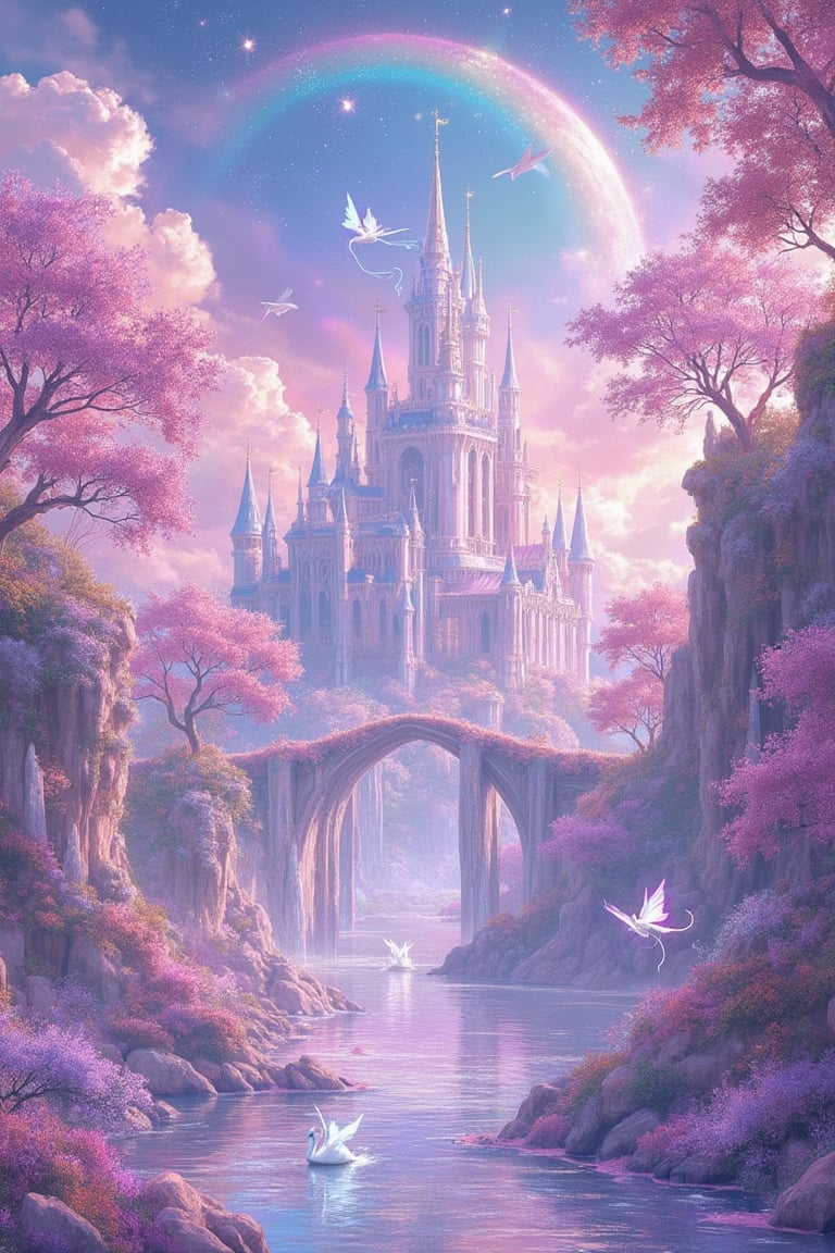 A mystical realm of wonder, where pastel-hued clouds drift across a sky of rose-gold and amethyst, overshadowing a landscape of crystal spires and luminescent wildflowers that shimmer with an ethereal glow, beneath which mythical Luminari creatures, with iridescent wings and tails that leave glittering trails, dance amidst iridescent wisps of fairy dust, as a crystal castle with towers that twist like sugar-glass and a dragon-guarded drawbridge that arcs like a rainbow, rises above the whispering crystal forest where ancient tree-beings with leaves that shimmer like the moon and branches that hum a gentle melody, stand sentinel over a shimmering river of stardust that flows into a great shimmering lake, where a flotilla of boats shaped like swans and leaves and flowers, sail across waters that reflect the starry sky above, guided by gentle fey creatures with skin like moonlight and hair like stardust.