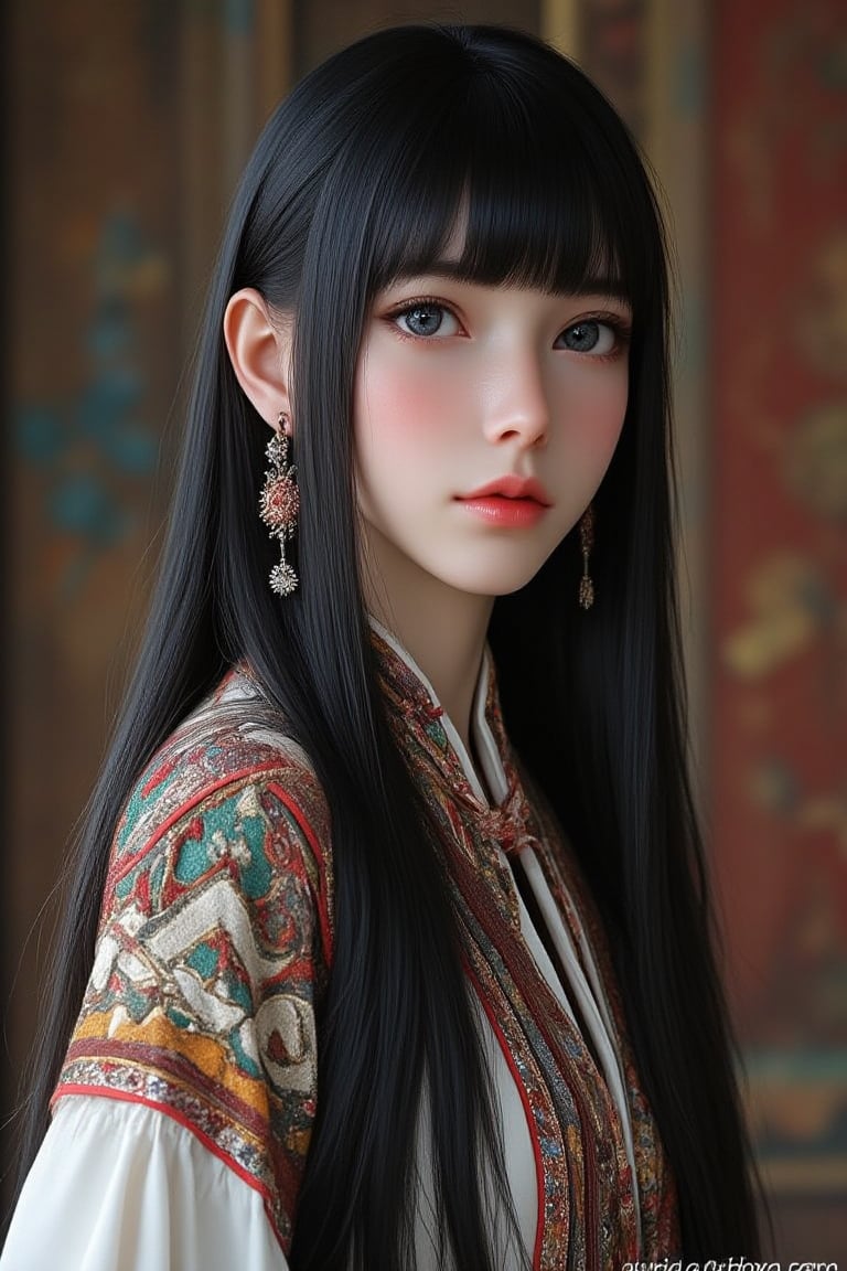 Super detailed, super realistic, beautiful Nordic girl with long hair and blunt bangs,
 Wearing ancient national costume, long straight black hair, Yakut national costume, (beautiful blue eyes), almond eyes, intricate textiles decorated with colorful and intricate geometric patterns, arms decorated with decorative embroidery.
Beautiful crystal blue eyes, almond eyes, complex fabric decorated with colorful and intricate geometric patterns, white, red and green and other earth tones clothes,, aw0k euphoric style,, perfect imitation of TaisaSDXL, dal, ct-identityV2