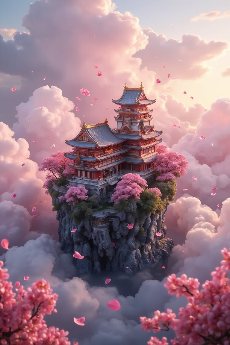 3D Rendering, Figure Resin, Basic Base, (Masterpiece, Best Quality), Photorealistic Photo, 3D Miniature, Resin, Diorama, Masterpiece, 4K, Super Detailed, Castle in the Sky with Many Sakura Leaves Scattered and Flowing , mysterious clouds, depth of field, the beginning of the day, create image 2