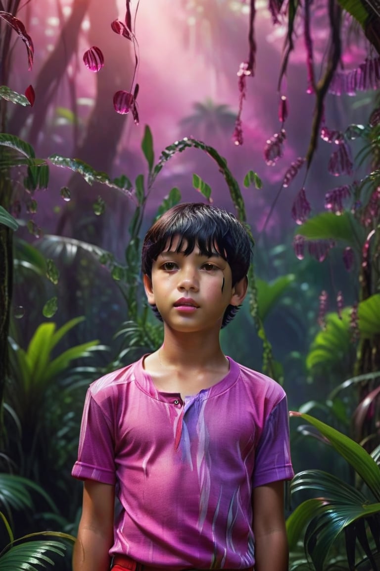 Phillipine little boy kid, preteen, short black hair, brown eyes, short_sleeves, short_pant, pov eye contact, pink lips, shy, sweaty, feminine, evening time, red & purple colorful scheme, jungle, ultra realistic 