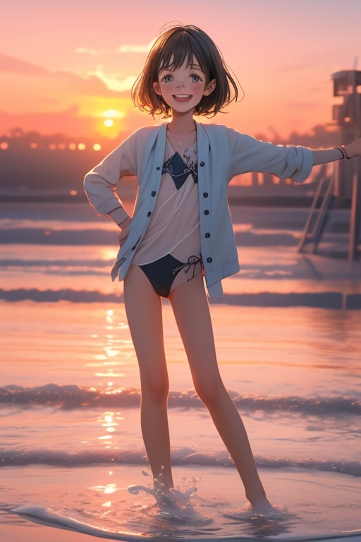 A 6 year old girl kid, black short_hair, innocent face with happy expression, water colored swimsuit, very shy, back home from playground, cinematic light, sunset golden hour, blurry_background, depth_of_field, full_body, 3d, ultra 8k