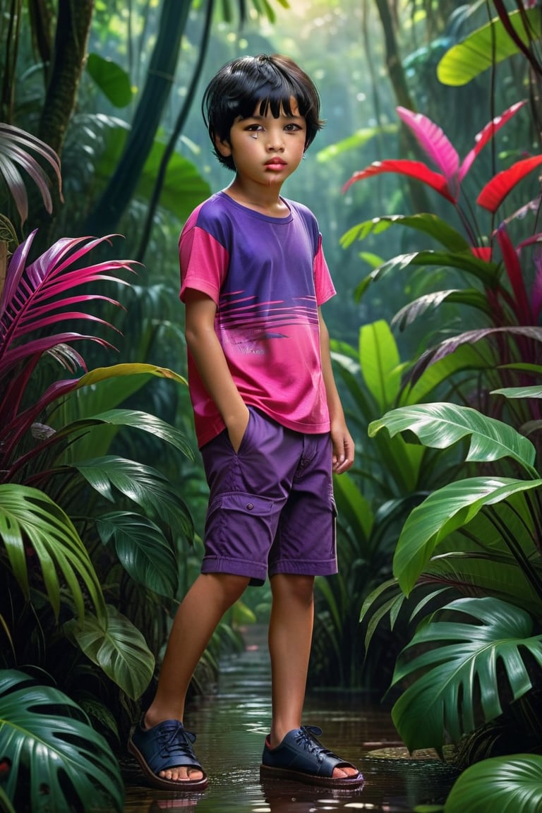 Phillipine little boy kid, preteen, short black hair, brown eyes, short_sleeves, short_pant, pov eye contact, pink lips, shy, sweaty, feminine, evening time, red & purple colorful scheme, jungle, ultra realistic 