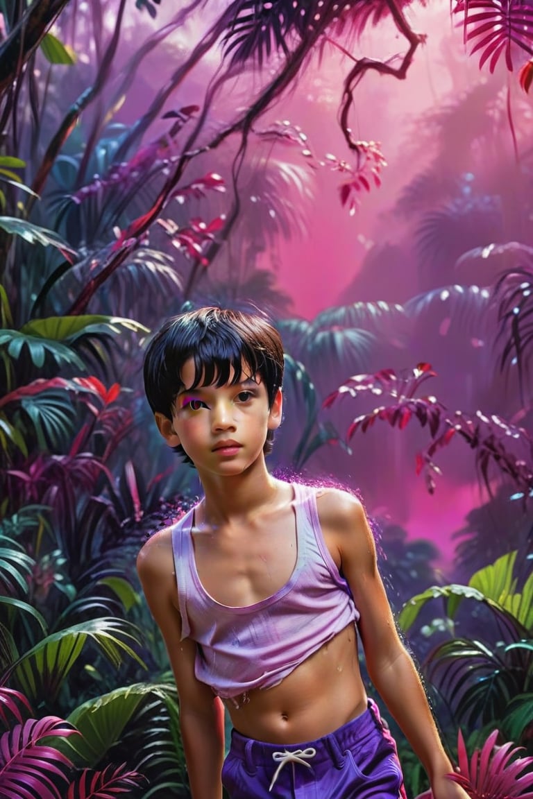 Phillipine little boy kid, preteen, short black hair, brown eyes, short_sleeves, short_pant, pov eye contact, pink lips, shy, sweaty, feminine, evening time, red & purple colorful scheme, jungle, ultra realistic 