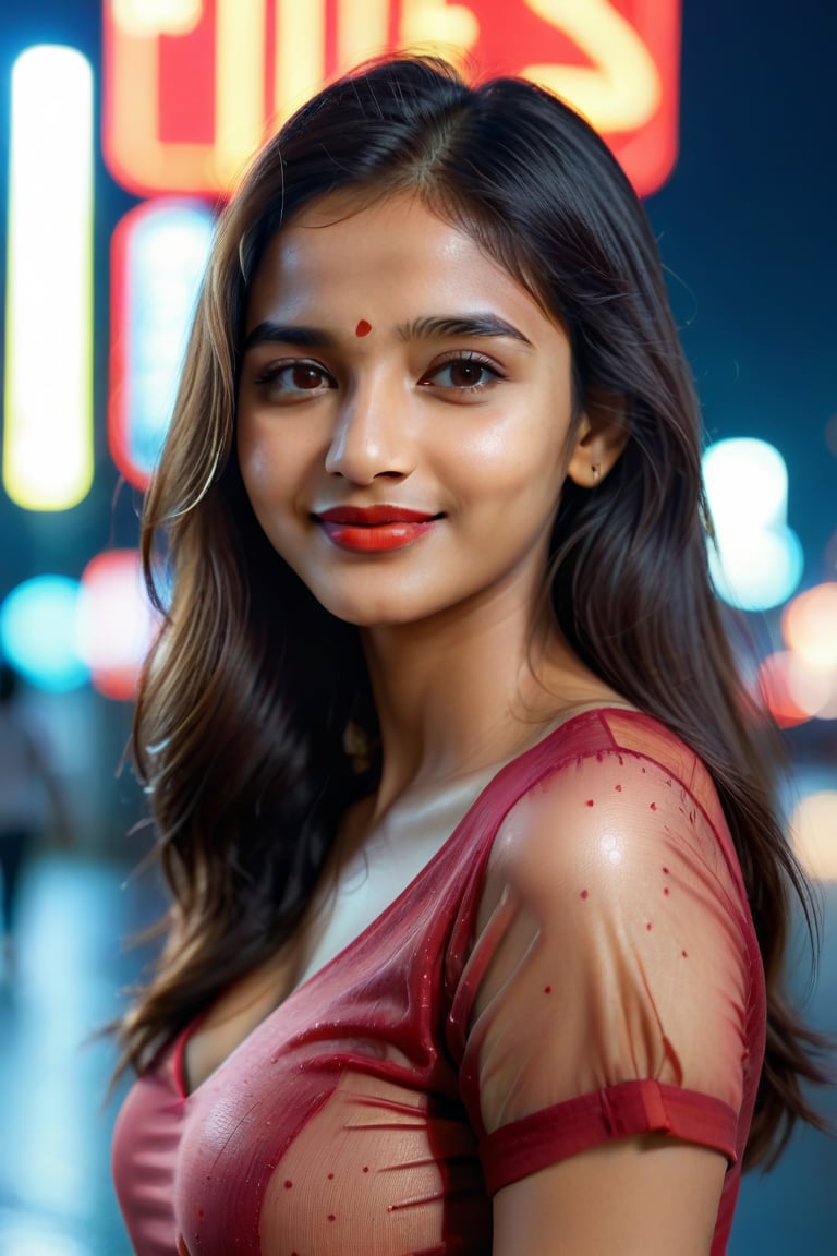 A young & attractive bengali girl, sexy_look, red_lips, long_hair, indian_style, smiling face, red short_sleeves, blurry_background, close up face, shy, night time, Cinematic lighting, lens flare, neon light, Roadside, rainy weather, ultra realistic, 8k