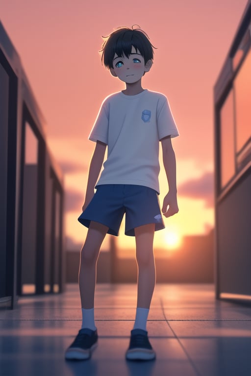 A 6 year old boy kid, black short_hair, innocent face with fluffy  expression, slighty_chubby, big_eyes with glass, blue colored short_sleeves, short_pant, very shy, back home from playground, cinematic light, sunset golden hour, blurry_background, depth_of_field, full_body, 3d, ultra 8k