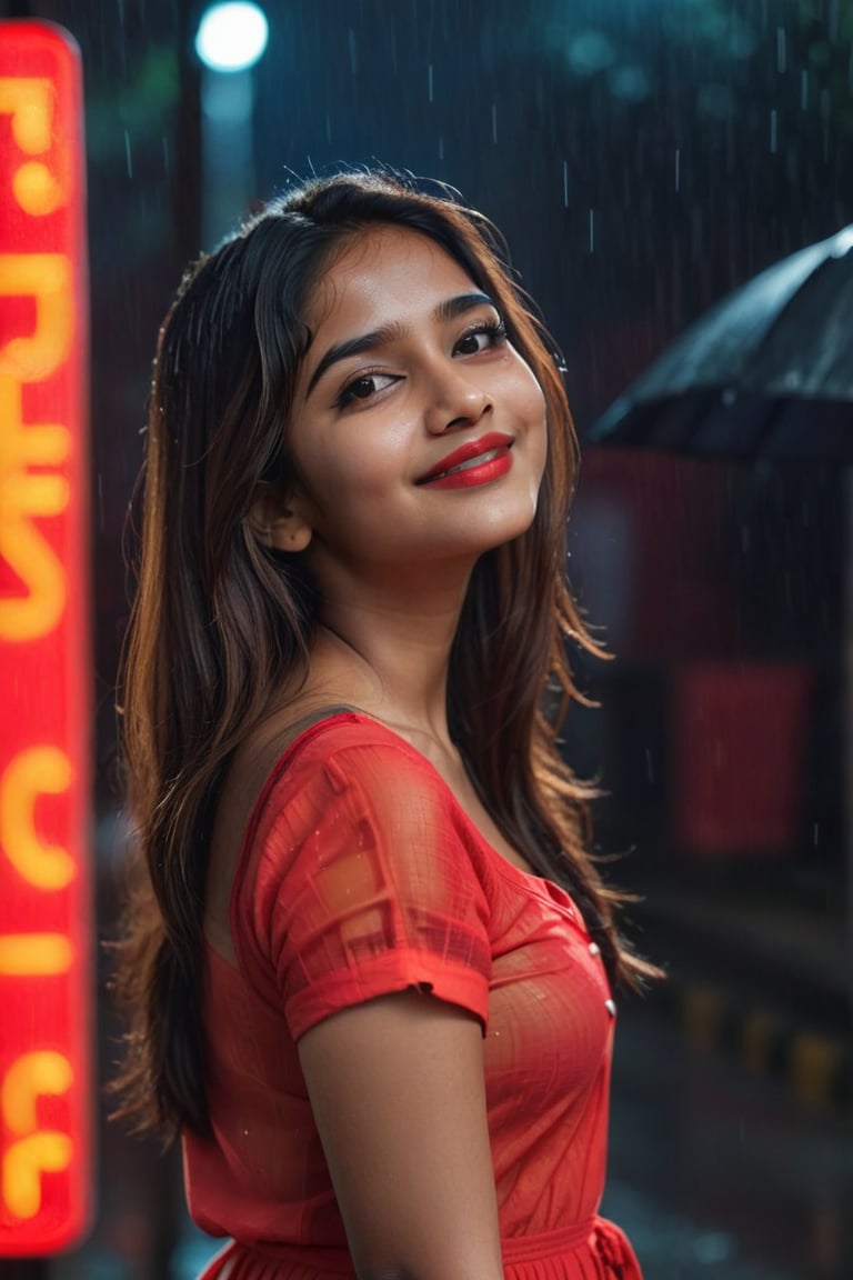 A young & attractive bengali girl, sexy_look, red_lips, long_hair, indian_style, smiling face, red short_sleeves, blurry_background, close up face, shy, night time, Cinematic lighting, neon light, Roadside, rainy weather, ultra realistic, 8k