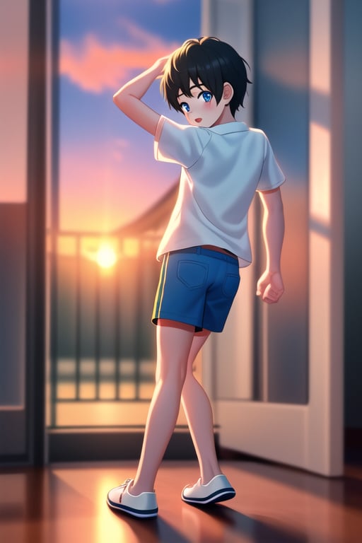 A 6 year old boy kid, black short_hair, innocent face with fluffy  expression, chubby, big_eyes with glass, blue colored short_sleeves, short_pant, very shy, back home from playground, cinematic light, sunset golden hour, blurry_background, depth_of_field, full_body, 3d, ultra 8k