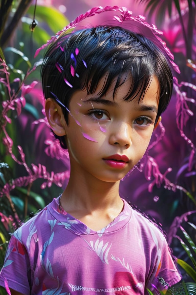 Phillipine little boy kid, preteen, short black hair, brown eyes, short_sleeves, short_pant, pov eye contact, pink lips, shy, sweaty, feminine, evening time, red & purple colorful scheme, jungle, ultra realistic, detailed_face