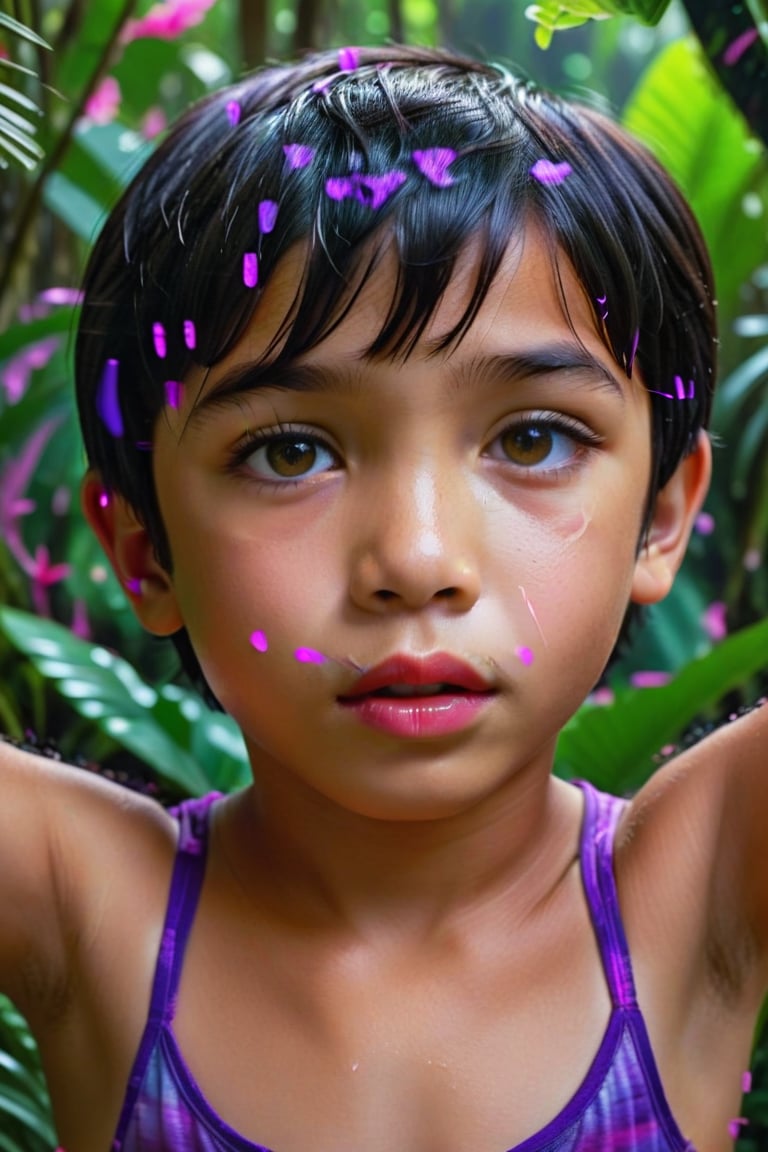 Phillipine little boy kid, preteen, short black hair, brown eyes, short_sleeves, short_pant, pov eye contact, pink lips, shy, sweaty, feminine, evening time, red & purple colorful scheme, jungle, ultra realistic 