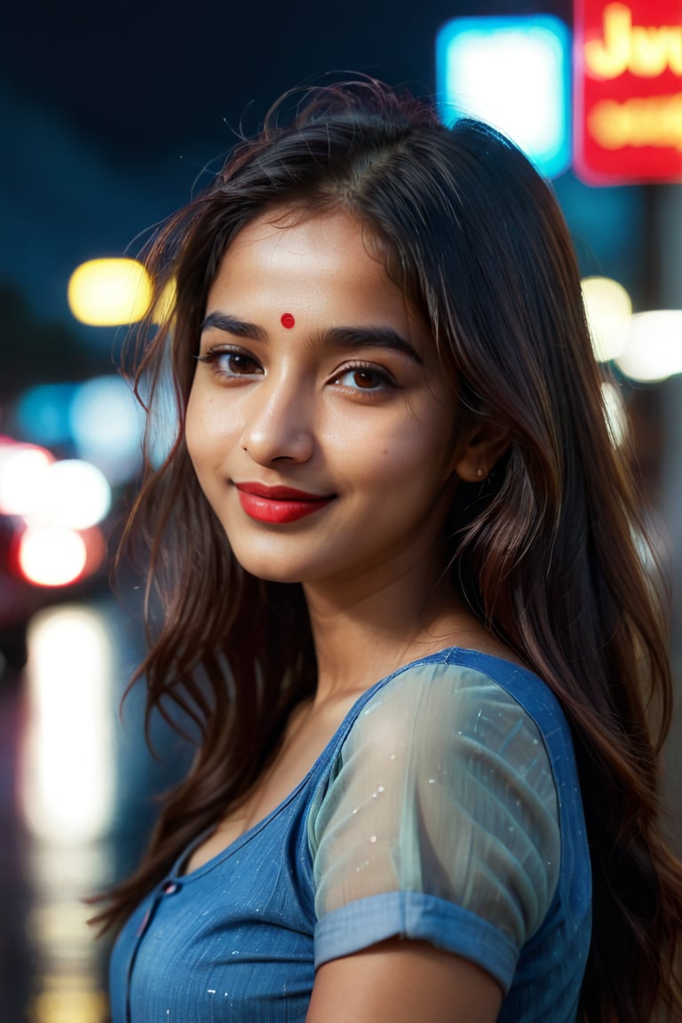 A young & attractive bengali girl, sexy_look, red_lips, long_hair, indian_style, smiling face, red short_sleeves, blurry_background, close up face, shy, night time, Cinematic lighting, lens flare, neon light, Roadside, rainy weather, ultra realistic, 8k