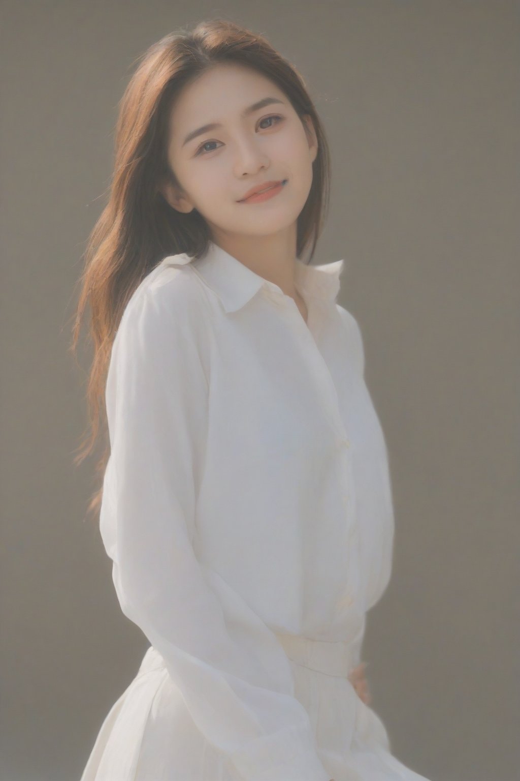 A Korean woman with a soft smile, sapphire blue eyes that draw people in, a white blouse and miniskirt, a cute and lovely face, a gentle breeze blowing behind the background and soft sunlight