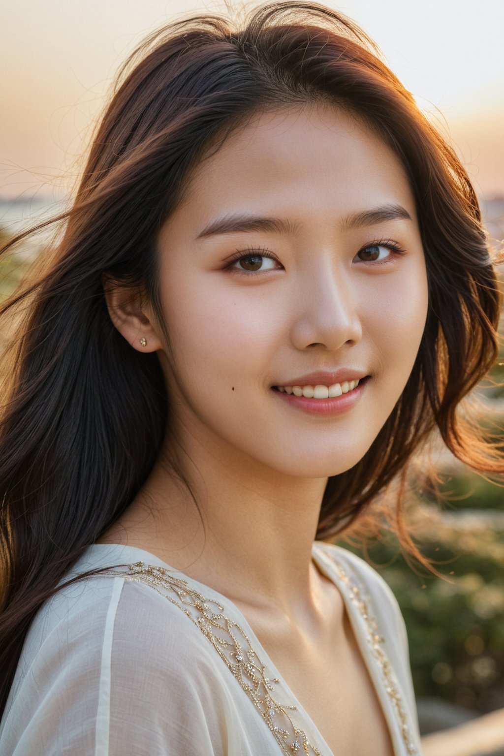 Portrait of a radiant 20-year-old Korean woman, gazing directly into the lens with a warm, bright smile. Her piercing eyes sparkle as she stands proudly, her long, luscious hair billowing gently in the breeze like a golden veil. Softly lit, with a warm glow that accentuates her porcelain complexion and plump lips.