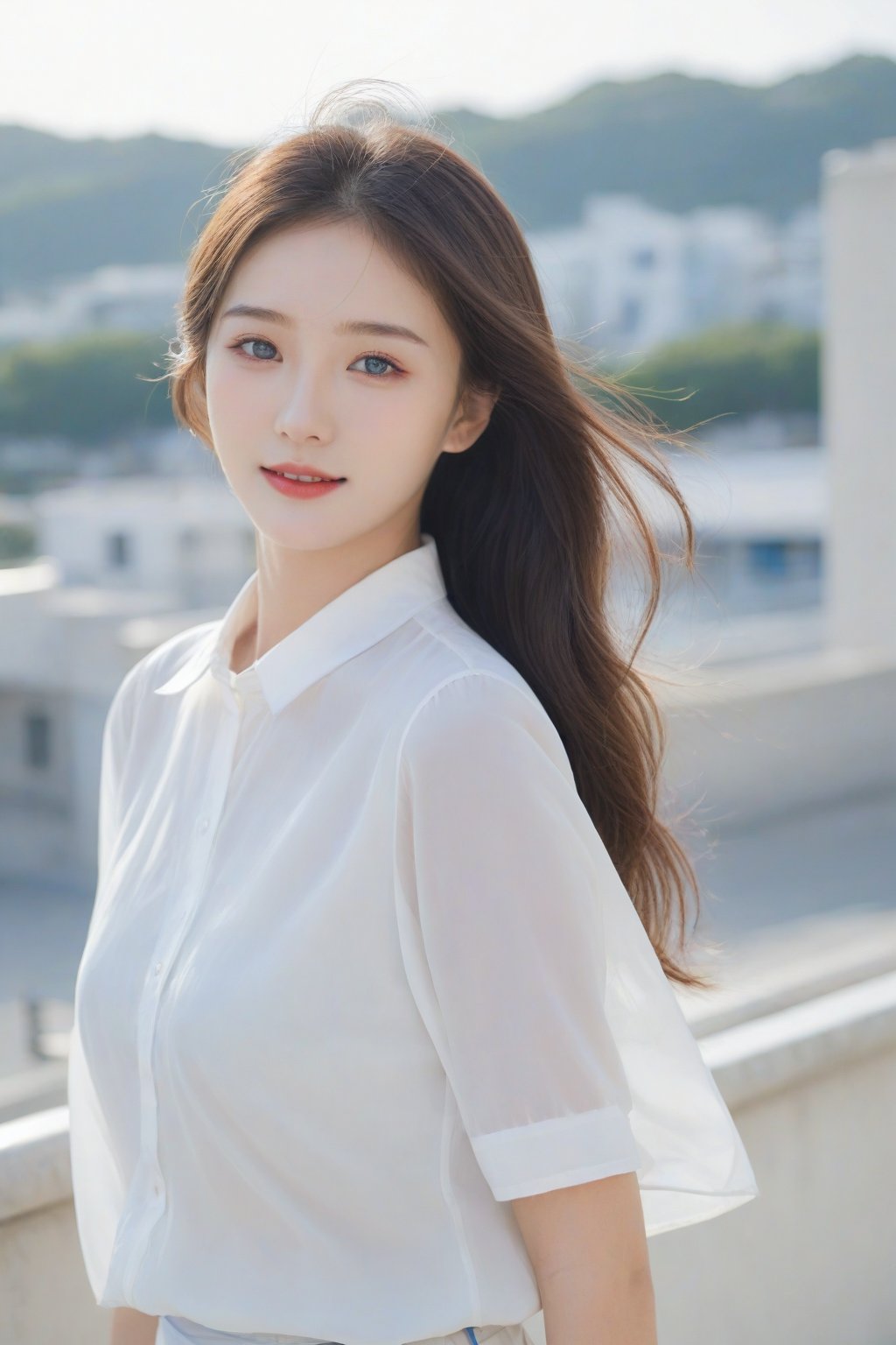 A Korean woman with a soft smile, sapphire blue eyes that draw people in, a white blouse and miniskirt, a cute and lovely face, a gentle breeze blowing behind the background and soft sunlight