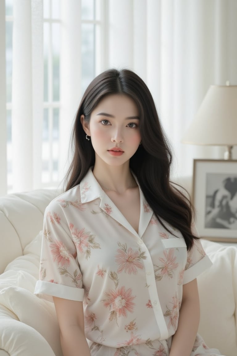 A serene woman sits elegantly on a plush white sofa, her dark hair flowing like silk over her shoulders. She wears a flowery shirt with a crisp white collar and delicate necklace. Her left hand rests on her hip, grounding her posture. The sofa's ruffles add tactile interest to the composition. Against the stark white backdrop, vertical blinds conceal the window, while a lamp shade and black-and-white photograph create visual intrigue beside her.