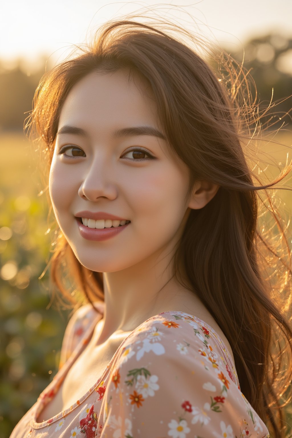 Portrait of a radiant 20-year-old Korean woman, gazing directly into the lens with a warm, bright smile. Her piercing eyes sparkle as she stands proudly, her long, luscious hair billowing gently in the breeze like a golden veil. Softly lit, with a warm glow that accentuates her porcelain complexion and plump lips.