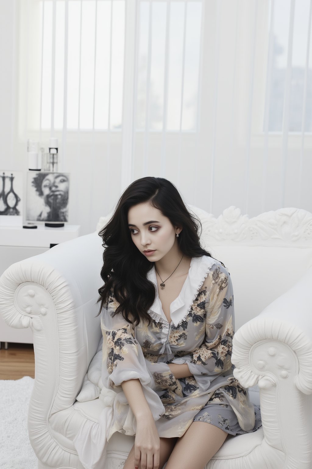 A serene woman sits elegantly on a plush white sofa, her dark hair flowing like silk over her shoulders. She wears a flowery shirt with a crisp white collar and a delicate necklace. Her left-hand rests on her hip, grounding her posture. The sofa's ruffles add tactile interest to the composition. Vertical blinds conceal the window against the stark white backdrop, while a lampshade and black-and-white photograph create visual intrigue beside her.