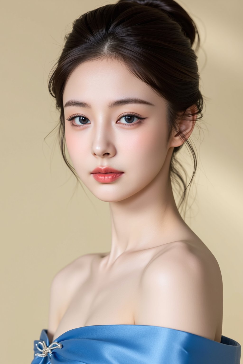 A serene Korean woman stands confidently against a soft focus, creamy background, her piercing blue eyes, reminiscent of sapphire gemstones, shining with an inner radiance. The gentle, diffused lighting highlights her porcelain complexion, emphasizing subtle features. Her gaze, direct and unwavering, conveys excellence as she meets the camera's lens, exuding poise and confidence in a stunning blue dress, with intricate details on her face.